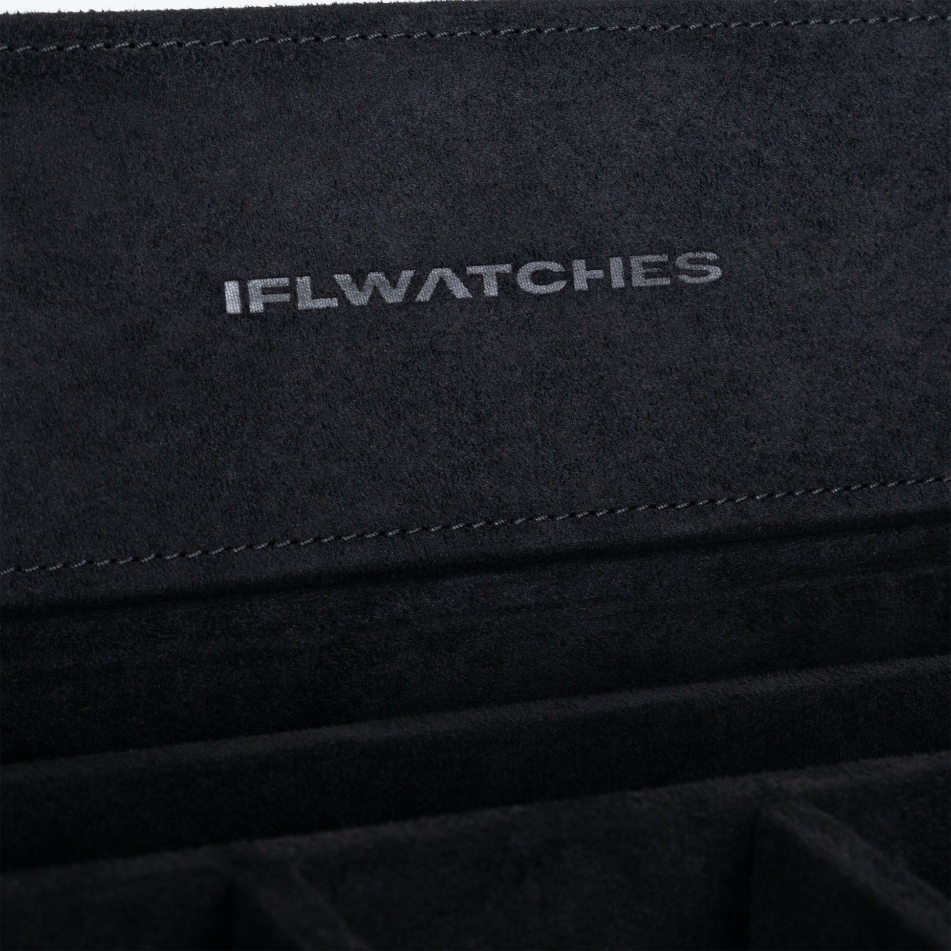 Stealth Camo Lifestyle Locker – handcrafted watch storage organizer with exclusive black camo pattern design, made from premium leather, close up of IFLWatches logo and suede lining