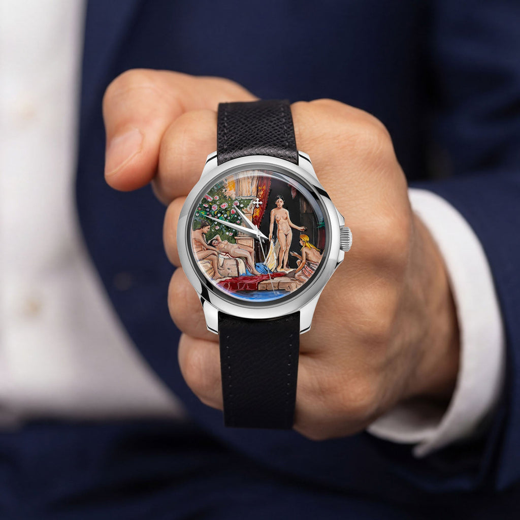 Venezianico Redentore L'Odalisca — hand-painted Mediterranean courtyard dial on a 40mm 316L stainless steel case with soft saffiano leather strap, limited edition timepiece by IFL Watches.