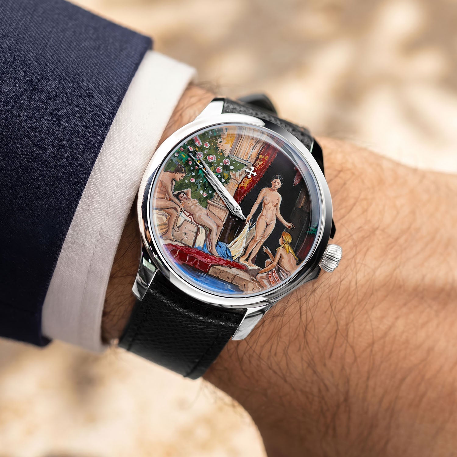 Venezianico Redentore L'Odalisca — hand-painted Mediterranean courtyard dial on a 40mm 316L stainless steel case with soft saffiano leather strap, limited edition timepiece by IFL Watches.