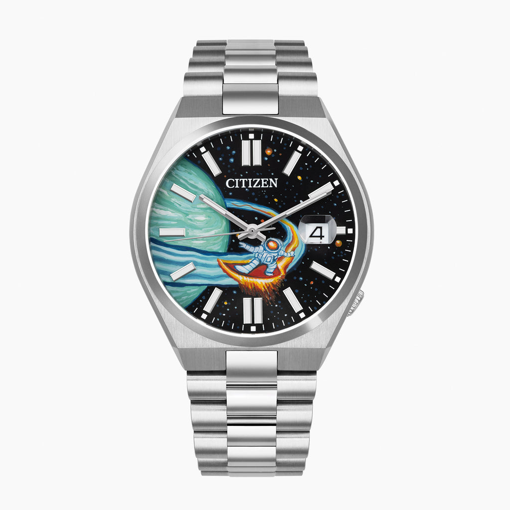 Limited edition Space Surfer design on Citizen Tsuyosa Automatic with custom hand-painted dial.