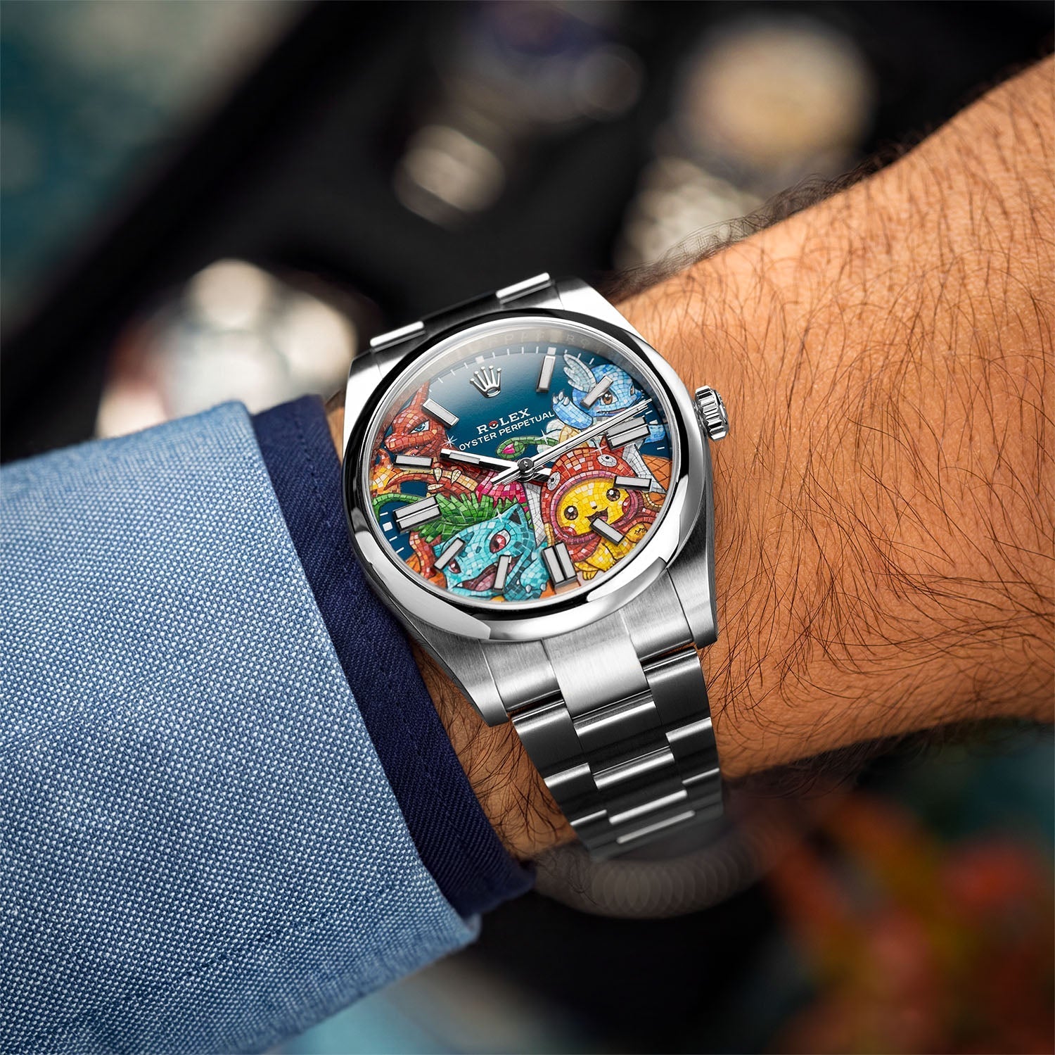 Dream Team Concept: Evolution — Hand-painted bespoke timepiece featuring four colorful pop art figures rendered in glittering mosaic-tile style on a blue 41mm custom automatic dial by IFL Watches