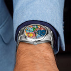 Dream Team Concept: Evolution — Hand-painted bespoke timepiece featuring four colorful pop art figures rendered in glittering mosaic-tile style on a blue 41mm custom automatic dial by IFL Watches