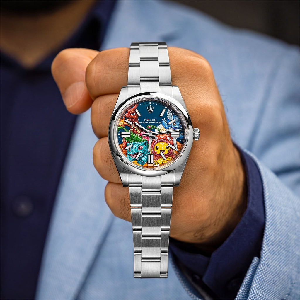 Dream Team Concept: Evolution — Hand-painted bespoke timepiece featuring four colorful pop art figures rendered in glittering mosaic-tile style on a blue 41mm custom automatic dial by IFL Watches