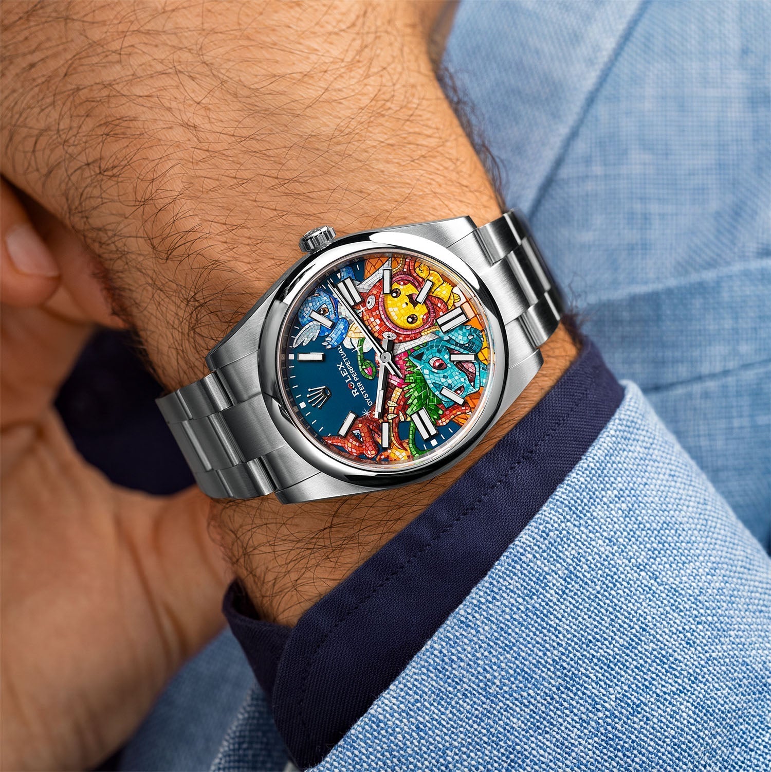 Dream Team Concept: Evolution — Hand-painted bespoke timepiece featuring four colorful pop art figures rendered in glittering mosaic-tile style on a blue 41mm custom automatic dial by IFL Watches