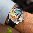 Venezianico Redentore Ulysses & Argus — Angled view on the wrist showing the polished round steel case and black saffiano leather strap around a hand-painted custom dial, a bespoke timepiece by IFL Watches.