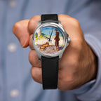 Venezianico Redentore Ulysses & Argus — Held up in a closed hand, the 40mm steel watch shows its hand-painted custom dial of a traveler and his dog on a seaside terrace, on a black saffiano leather strap, a bespoke timepiece by IFL Watches.