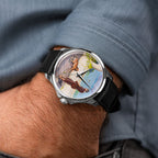 Venezianico Redentore Ulysses & Argus — Worn below a rolled shirt cuff, the hand-painted custom dial set at an angle, its Odyssey scene of a traveler and his dog framed by the round steel case, customized exclusively by IFL Watches.