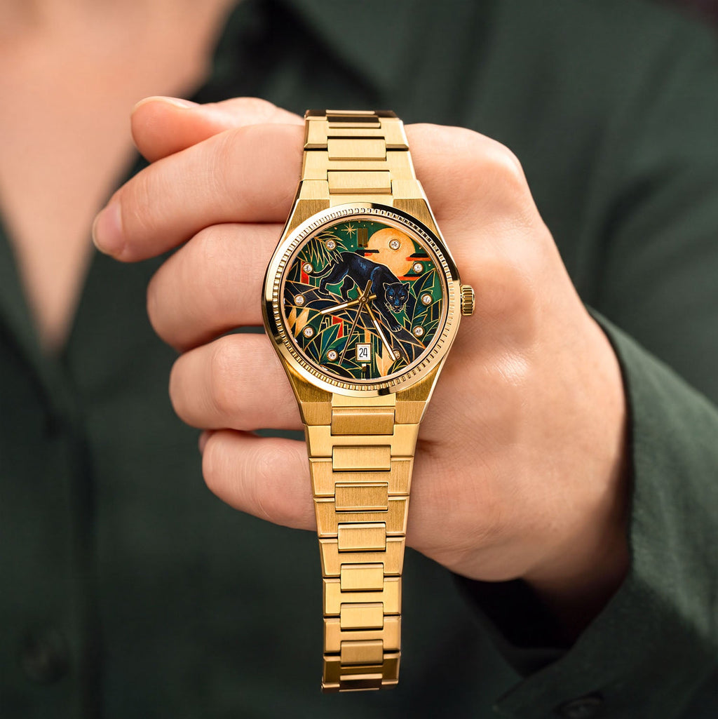 Festina Rive Monarch — Hand-painted custom dial where a black panther crosses an Art Deco landscape in deep emerald beneath an amber moon, crystal-set dot markers around the edge, on a 35mm gold-tone case with fluted bezel and matching bracelet, a bespoke timepiece by IFL Watches.