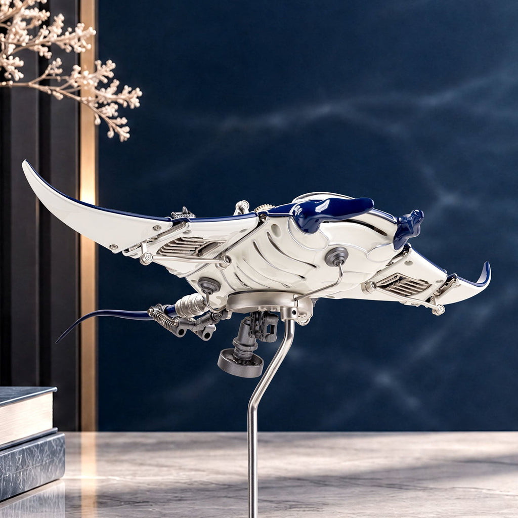 Mecha Ray Blue — lit against a dark backdrop with dried stems behind it, mechanical sculpture by IFL Watches.