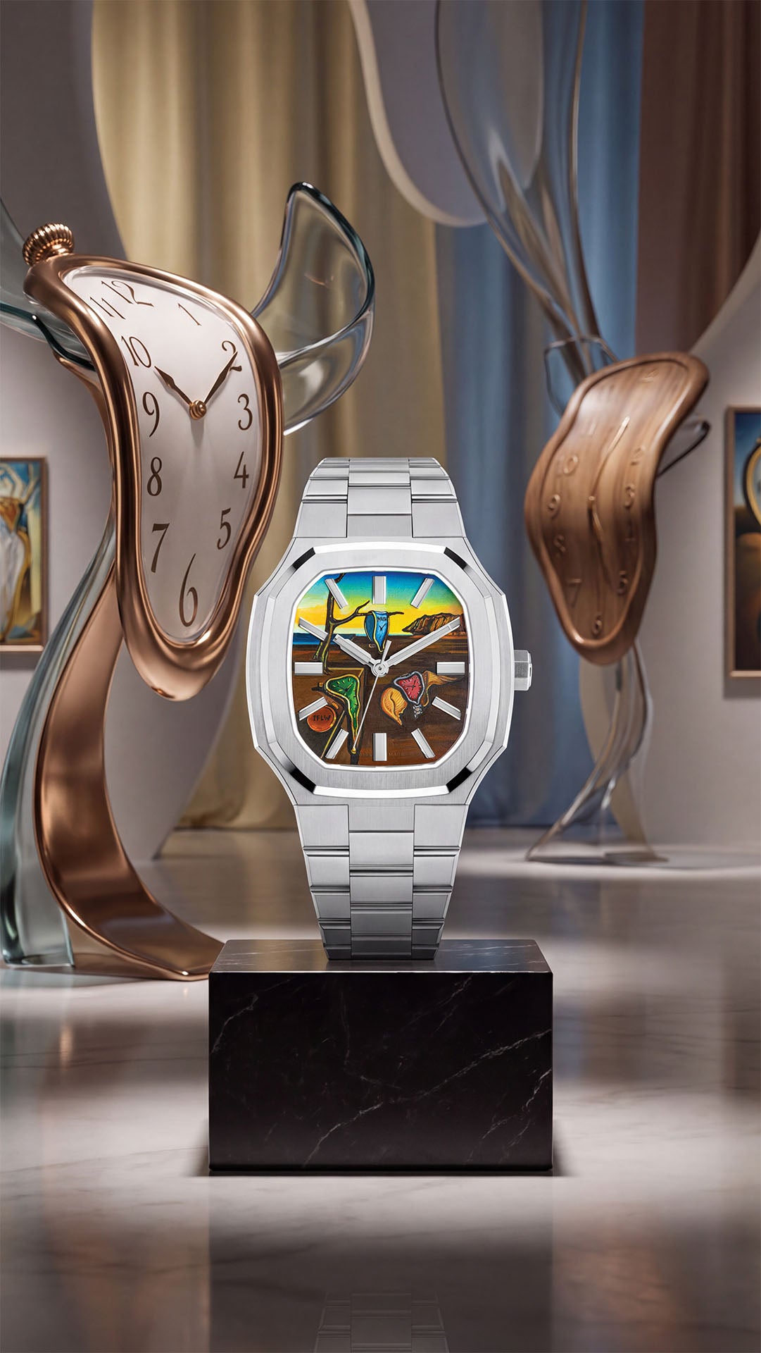MAEN Manhattan Memento — Detail of the hand-painted custom dial, a green soft watch draped over a stone plinth beside a closed orange watch marked IFLW, between silver baton markers, a bespoke timepiece by IFL Watches.