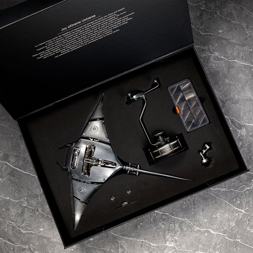 Mecha Ray Natural Metal — the pre-assembled version in its presentation case with stand column and parts tray, mechanical sculpture by IFL Watches.