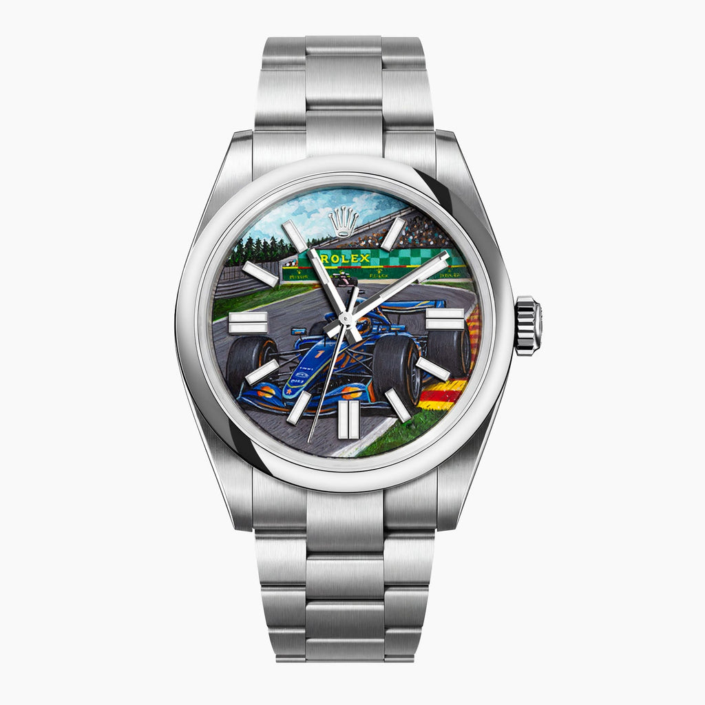 Apex Concept — Hand-painted custom dial where a blue race car turns through a corner beneath an open sky, spectators filling the stands behind, on a 41mm stainless steel watch with smooth bezel, a bespoke timepiece by IFL Watches.