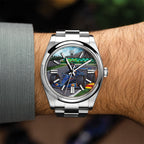 Apex Concept — Bespoke 41mm stainless steel watch on the wrist, hand-painted circuit scene with red and yellow kerbs beneath the leading tire, a bespoke timepiece by IFL Watches.
