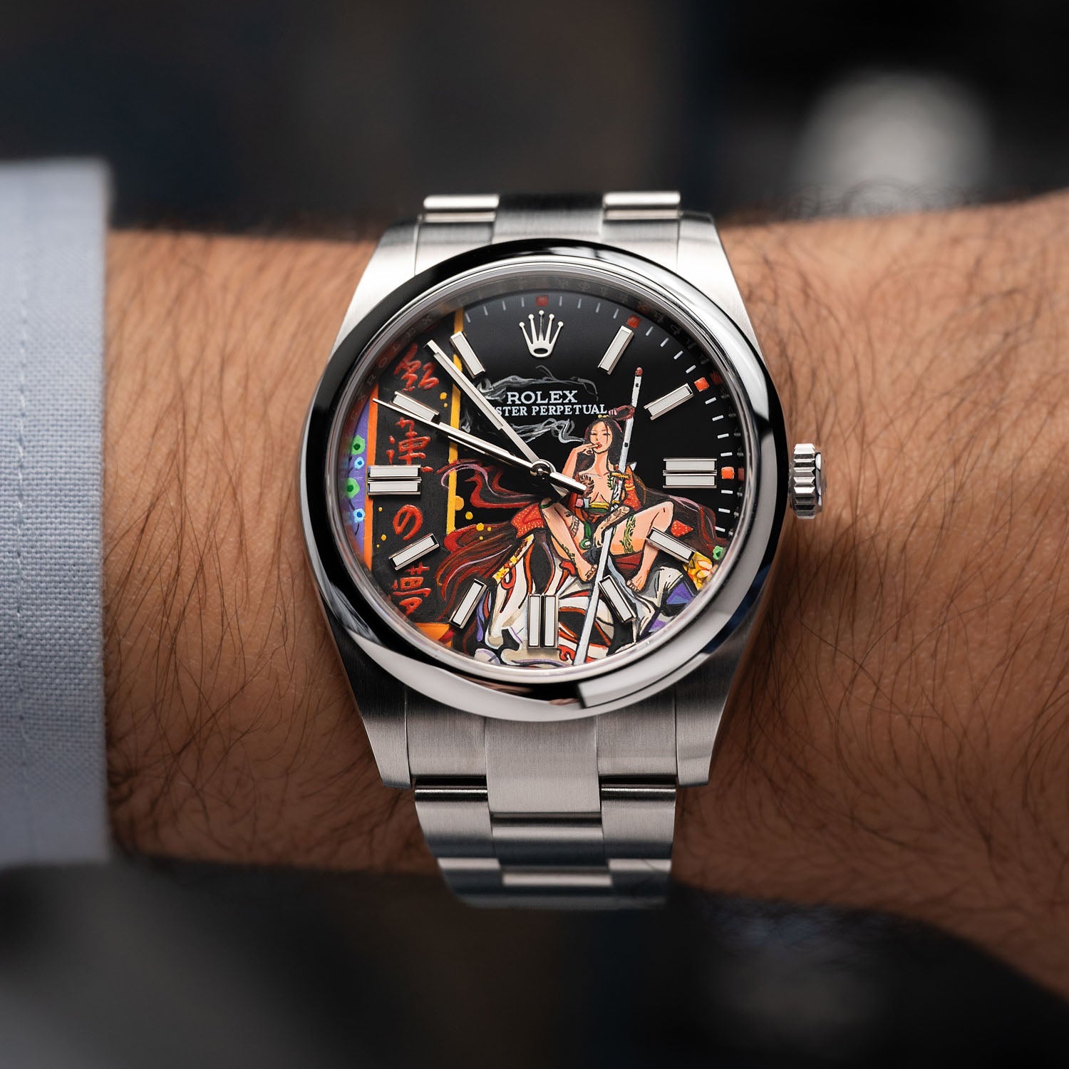 Crimson Lotus Concept — Hand-painted bespoke timepiece featuring a fierce kitsune fox spirit in flowing crimson fabric with Japanese kanji reading Crimson Lotus Dream on a custom 41mm stainless steel automatic by IFL Watches