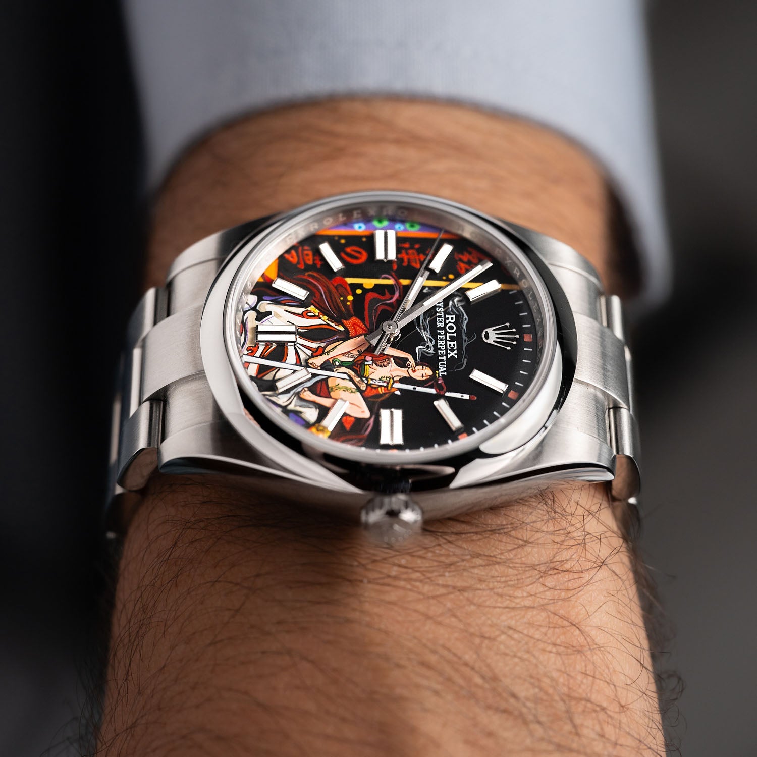 Crimson Lotus Concept — Hand-painted bespoke timepiece featuring a fierce kitsune fox spirit in flowing crimson fabric with Japanese kanji reading Crimson Lotus Dream on a custom 41mm stainless steel automatic by IFL Watches