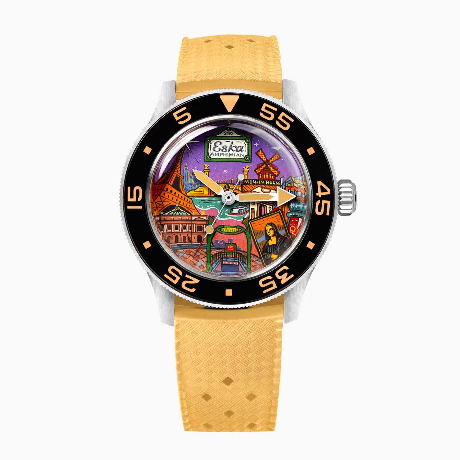 ESKA Amphibian Cœur de Paris — Front view on a sand-colored Tropic rubber strap, the hand-painted Parisian cityscape across the dial of a 40mm steel diver, customized limited edition by IFL Watches.
