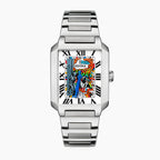 Festina Freedom 36 mm on wrist — hand-painted street-art dial featuring colorful “FREEDOM” graffiti lettering, stencil figures, and orange brick-wall artwork on a rectangular stainless-steel case. Limited edition by IFL Watches.
