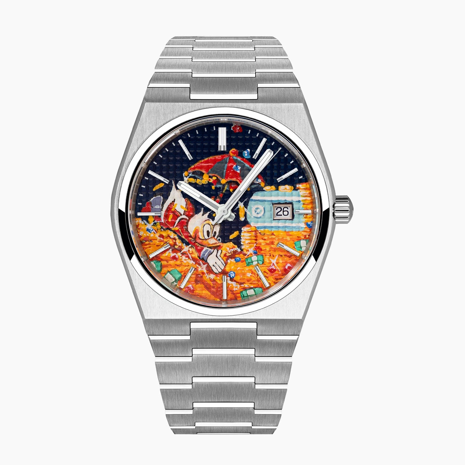 A Dive in Dime Concept – Hand-painted custom Tissot PRX Powermatic featuring treasure vault diving artwork, a bespoke timepiece by IFL Watches