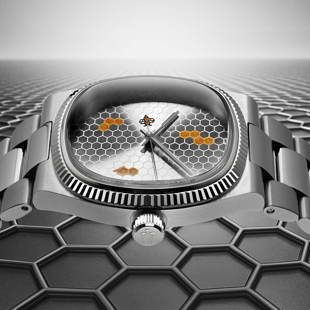 Bulova Super Seville Honeycomb – Hand-painted custom Bulova featuring honeycomb texture and bee seconds hand, a limited edition timepiece by IFL Watches