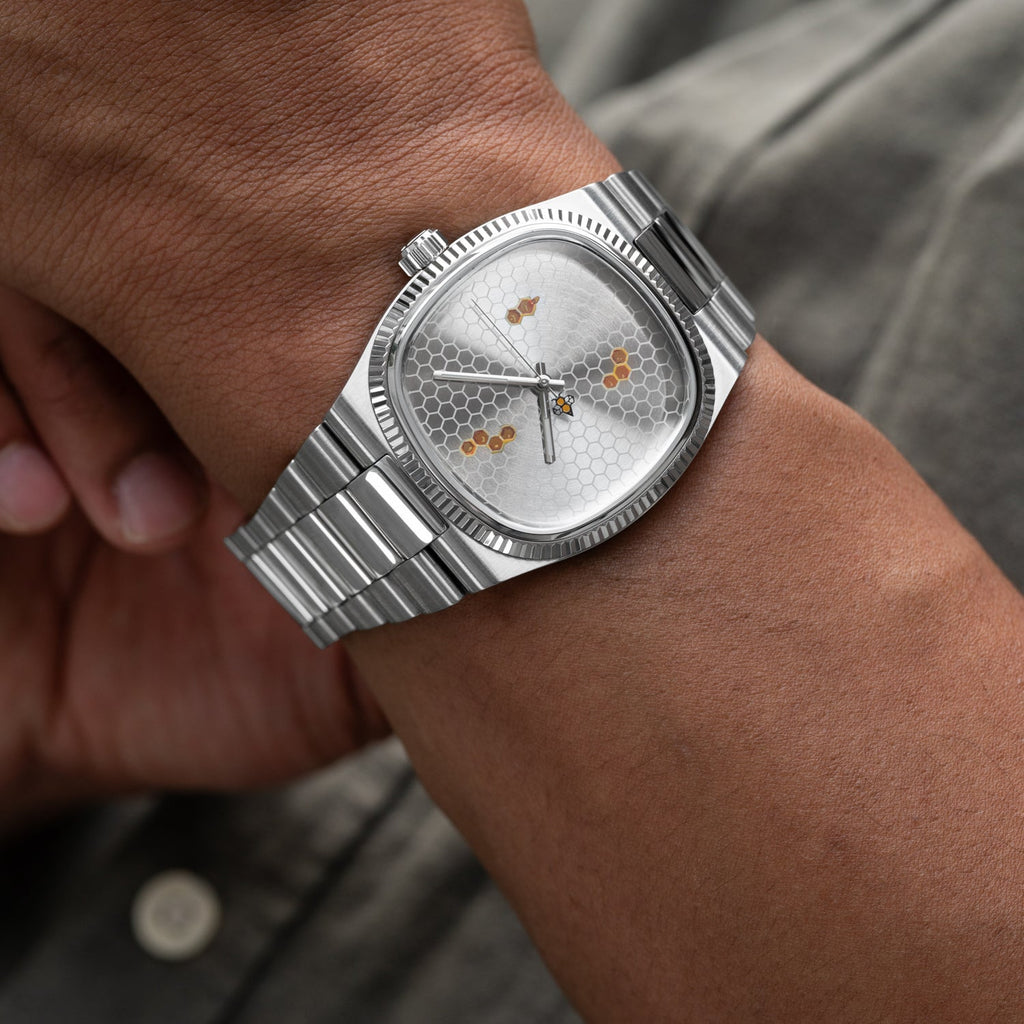 Bulova Super Seville Honeycomb – Hand-painted custom Bulova featuring honeycomb texture and bee seconds hand, a limited edition timepiece by IFL Watches
