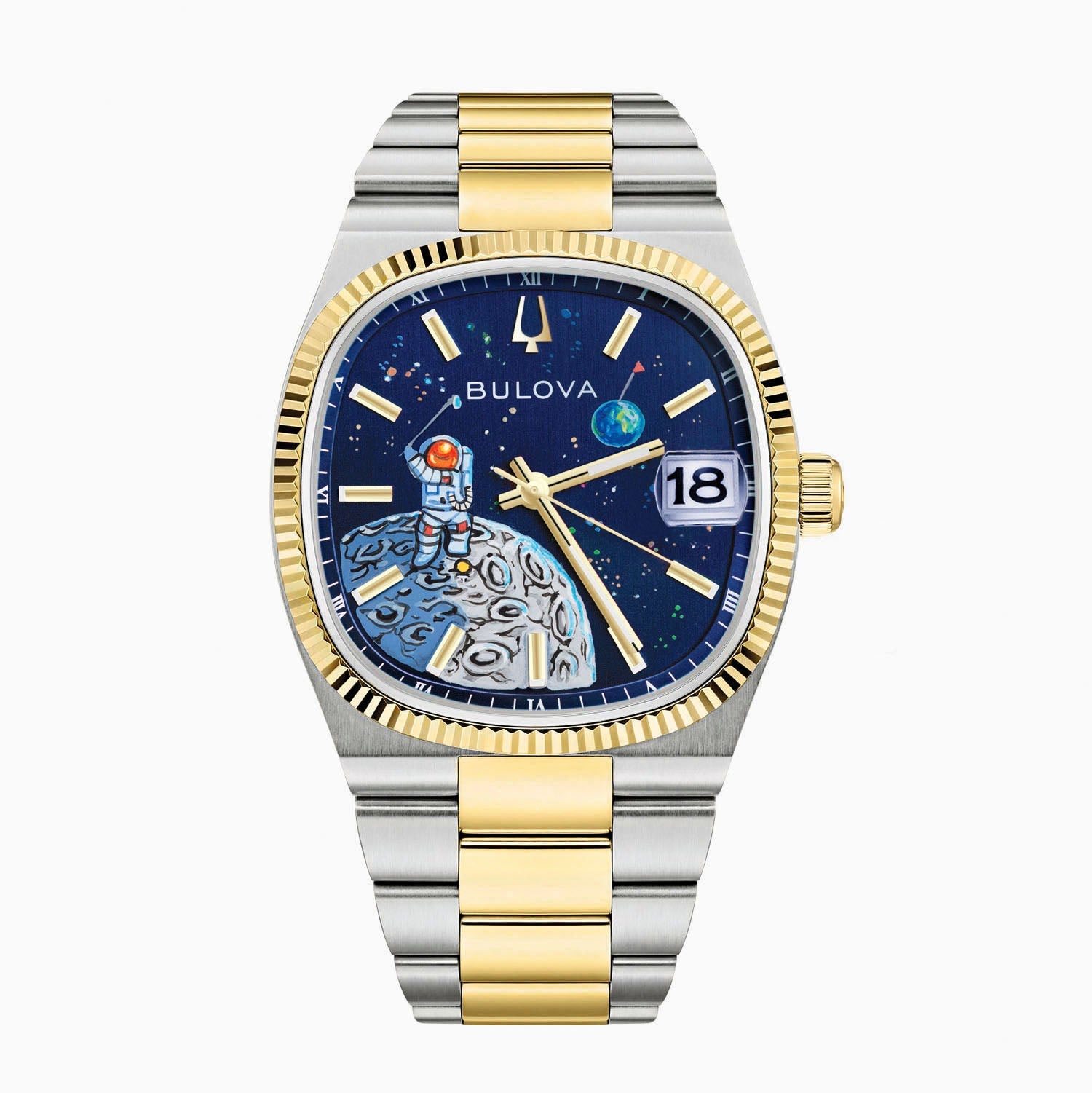 Bulova Super Seville Space Golfer — Hand-painted custom Bulova Super Seville Precisionist featuring an astronaut mid-swing on the lunar surface with vivid paint splatters against a deep blue starfield, a bespoke timepiece by IFL Watches