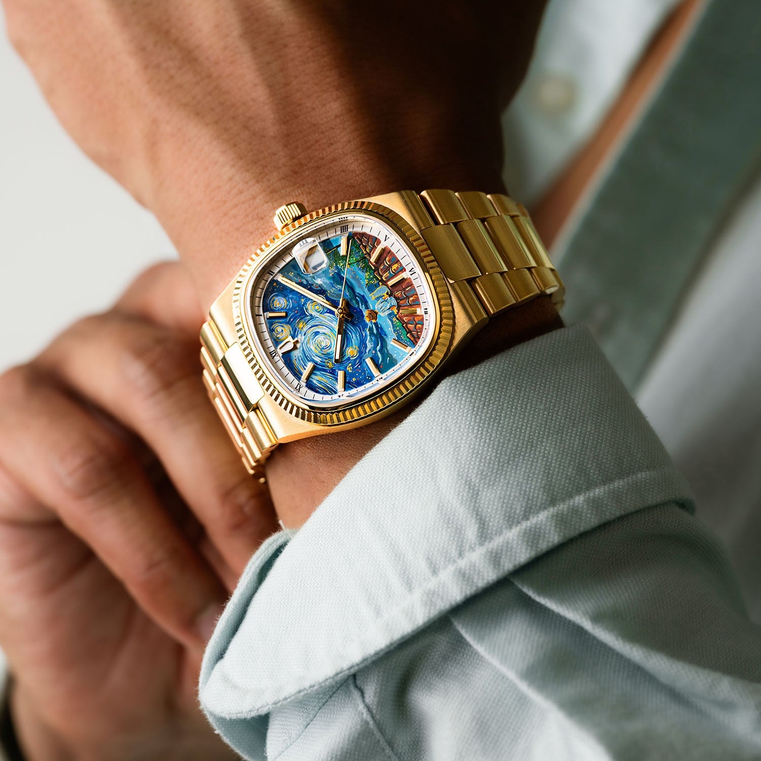 Bulova Super Seville Starry Night – Hand-painted custom Van Gogh inspired dial with rooftop scene on gold-tone 38mm case – Limited Edition bespoke timepiece by IFL Watches