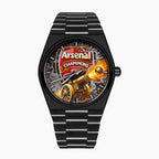 IFL Canvax Gunners — Hand-painted custom Canvax featuring a football crest with a cannon firing through smoke and flame in red and gold, on a 40mm black matte automatic, a bespoke timepiece by IFL Watches.