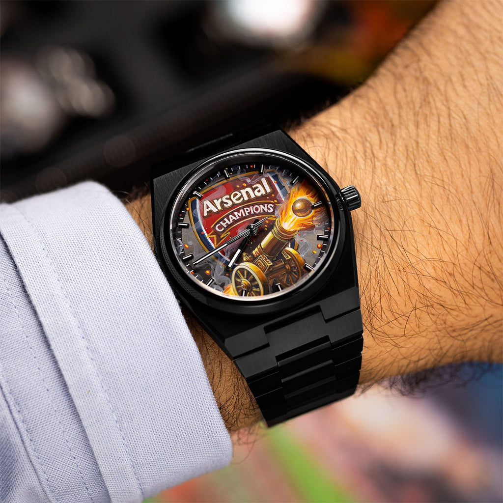 IFL Canvax Gunners — Matte black stainless steel case framing a hand-painted cannon dial, a bespoke timepiece by IFL Watches.