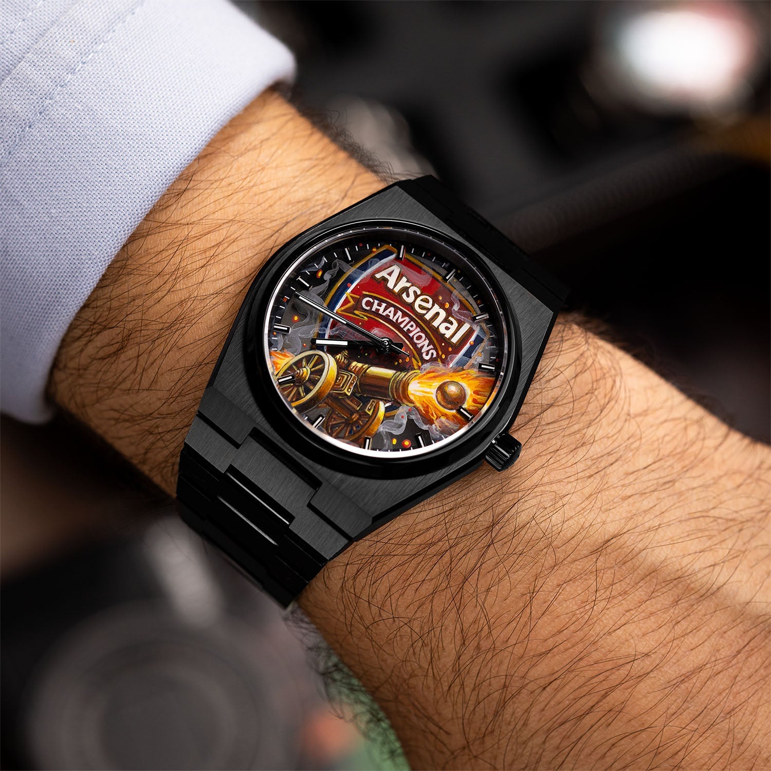 IFL Canvax Gunners — Custom Canvax with hand-painted red and gold artwork on a matte black case, a bespoke creation by IFL Watches.