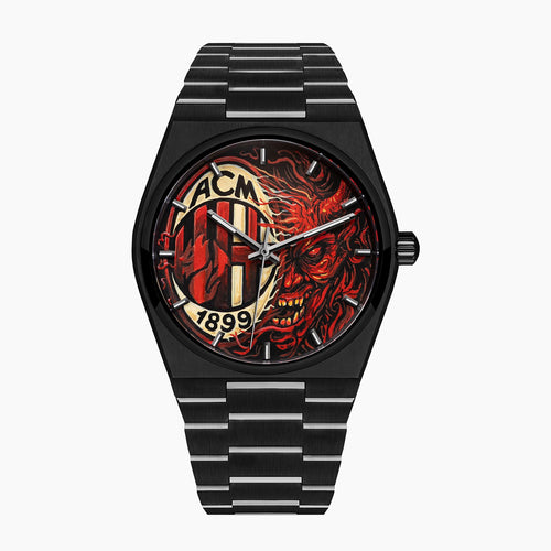 IFL Canvax Rossoneri — Hand-painted custom Canvax featuring a football crest with a devil rising through flame and the year 1899 in red and black, on a 40mm black matte automatic, a bespoke timepiece by IFL Watches.