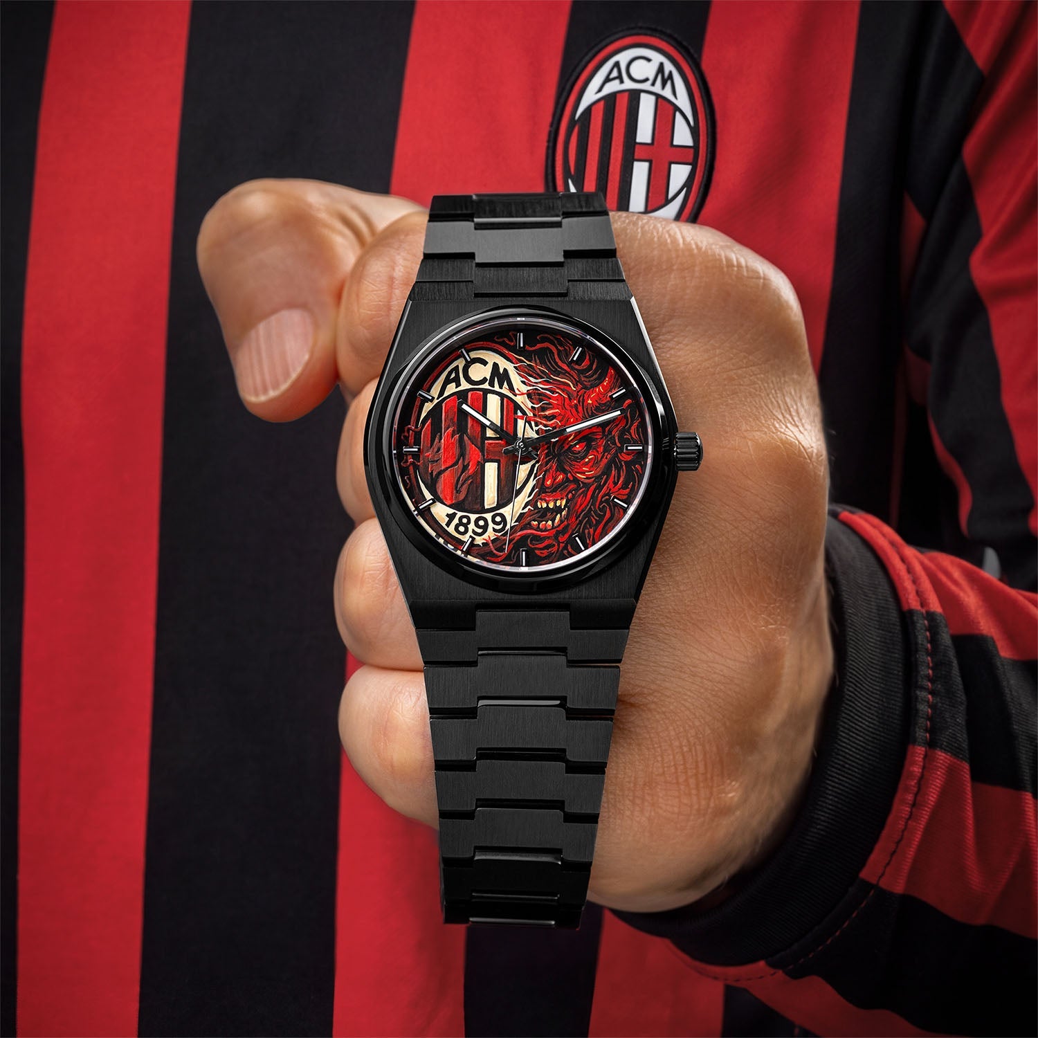 IFL Canvax Rossoneri — Custom automatic with a hand-painted crest in red and black, a unique bespoke piece by IFL Watches.
