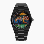 IFL Canvax Off the Record — Hand-painted custom Canvax featuring the world's most recognizable figures around a green billiard table in a warmly lit lounge, on a 40mm black matte automatic, a bespoke timepiece by IFL Watches.