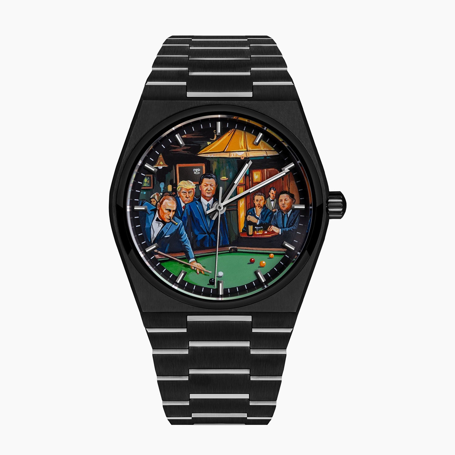IFL Canvax Off the Record — Hand-painted custom Canvax featuring the world's most recognizable figures around a green billiard table in a warmly lit lounge, on a 40mm black matte automatic, a bespoke timepiece by IFL Watches.