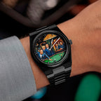 IFL Canvax Off the Record — Hand-painted custom Canvax featuring the world's most recognizable figures around a green billiard table in a warmly lit lounge, on a 40mm black matte automatic, a bespoke timepiece by IFL Watches.