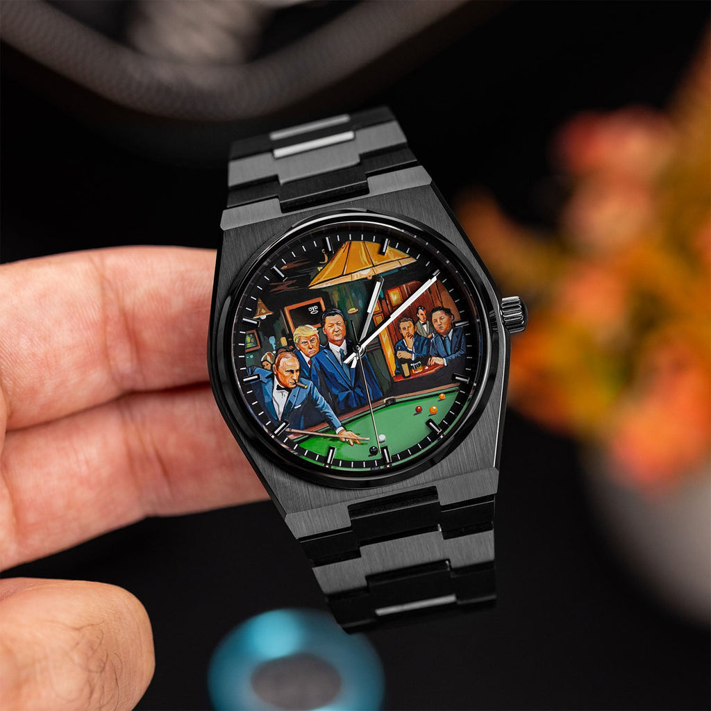 IFL Canvax Off the Record — Hand-painted custom Canvax featuring the world's most recognizable figures around a green billiard table in a warmly lit lounge, on a 40mm black matte automatic, a bespoke timepiece by IFL Watches.