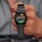 IFL Canvax Off the Record — Hand-painted custom Canvax featuring the world's most recognizable figures around a green billiard table in a warmly lit lounge, on a 40mm black matte automatic, a bespoke timepiece by IFL Watches.
