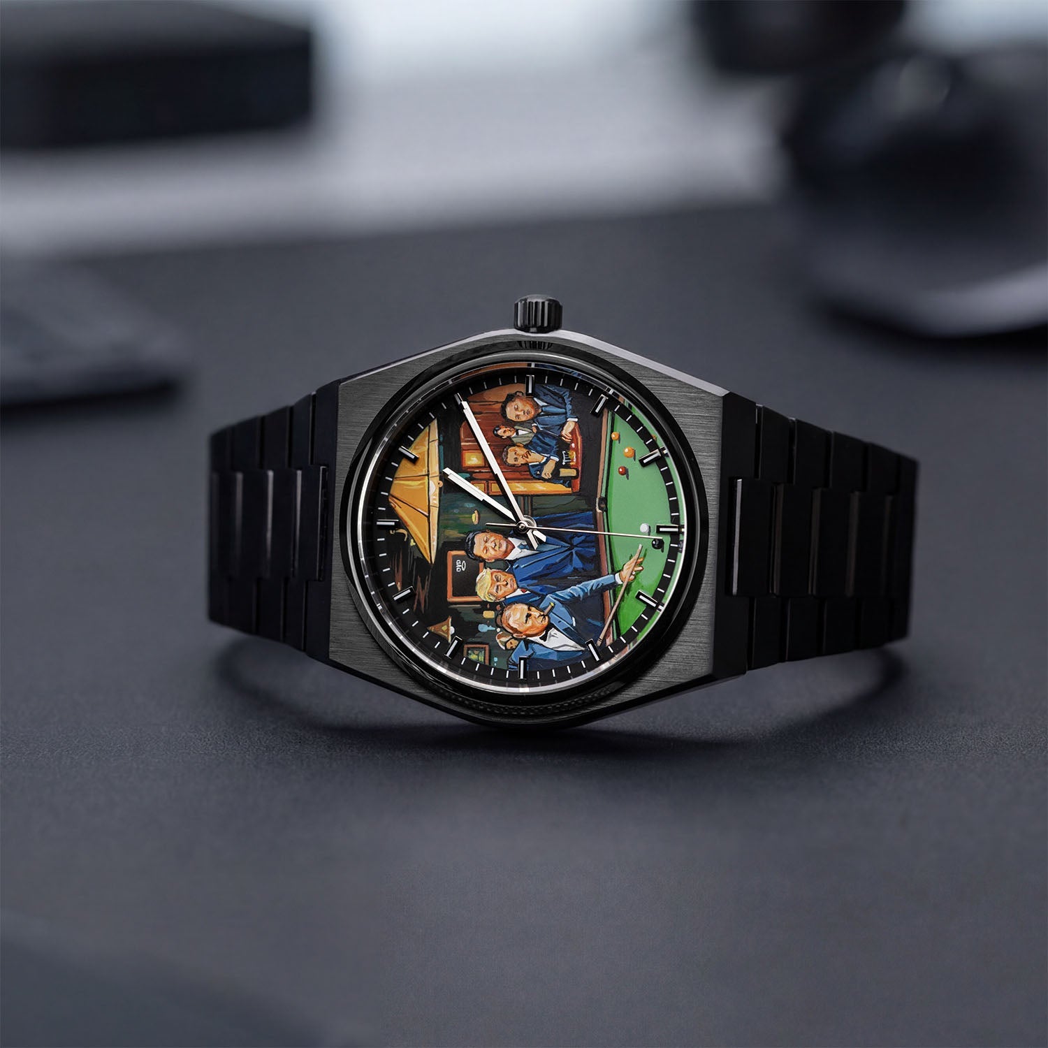 IFL Canvax Off the Record — Hand-painted custom Canvax featuring the world's most recognizable figures around a green billiard table in a warmly lit lounge, on a 40mm black matte automatic, a bespoke timepiece by IFL Watches.