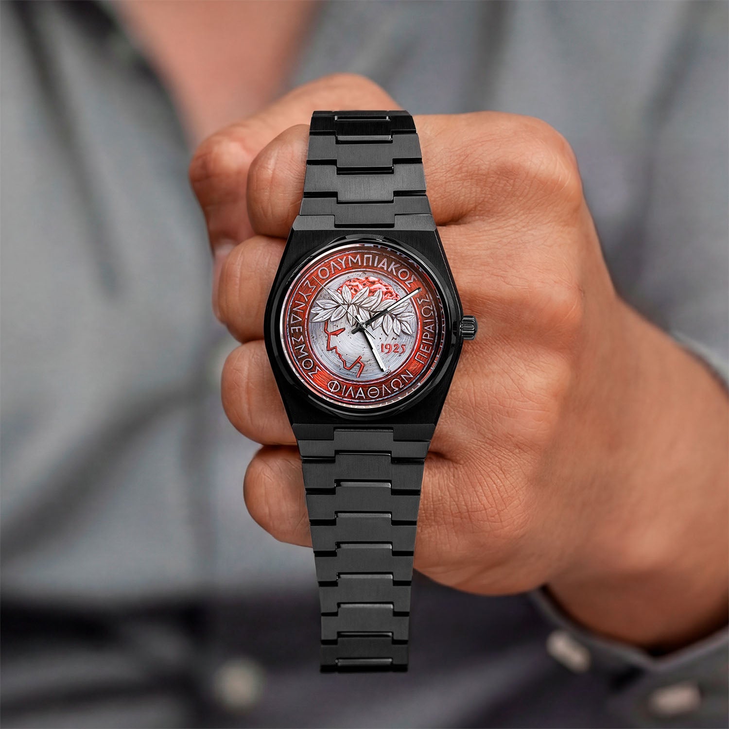 IFL Canvax Kleos — Hand-painted football crest with laurel detailing on a 40mm automatic, customized by IFL Watches.