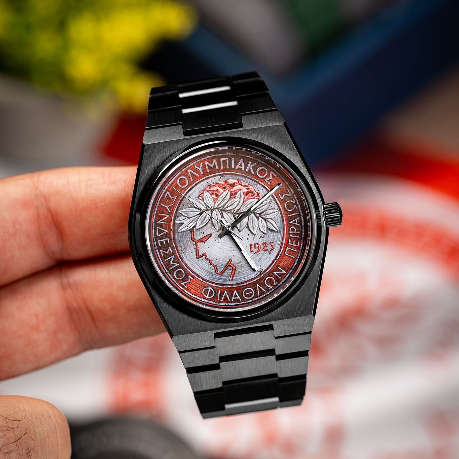 IFL Canvax Kleos — Hand-painted football crest with laurel detailing on a 40mm automatic, customized by IFL Watches.