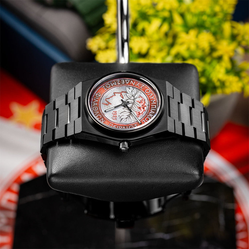 IFL Canvax Kleos — Custom automatic with a hand-painted crest in red and white, a unique bespoke piece by IFL Watches.