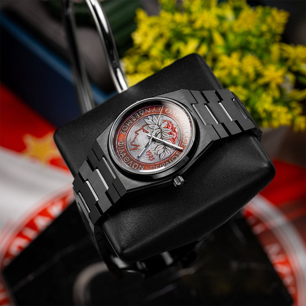 IFL Canvax Kleos — Matte black stainless steel case framing a hand-painted crest dial, a bespoke timepiece by IFL Watches.