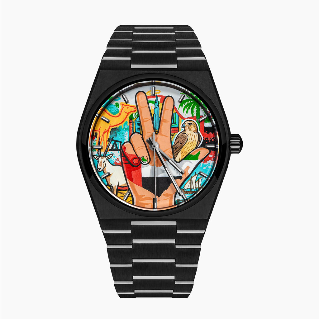 IFL Watches Canvax UAE Unity — Hand-painted custom Canvax featuring the UAE three-finger salute with golden falcon, Arabian oryx, desert camel, and Dubai skyline on a 40mm black matte automatic, a bespoke timepiece by IFL Watches.