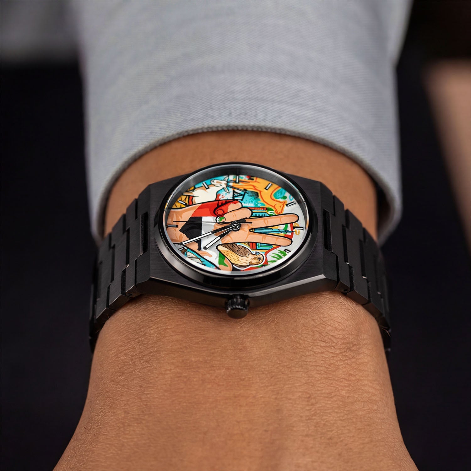 IFL Watches Canvax UAE Unity — Hand-painted custom Canvax featuring the UAE three-finger salute with golden falcon, Arabian oryx, desert camel, and Dubai skyline on a 40mm black matte automatic, a bespoke timepiece by IFL Watches.