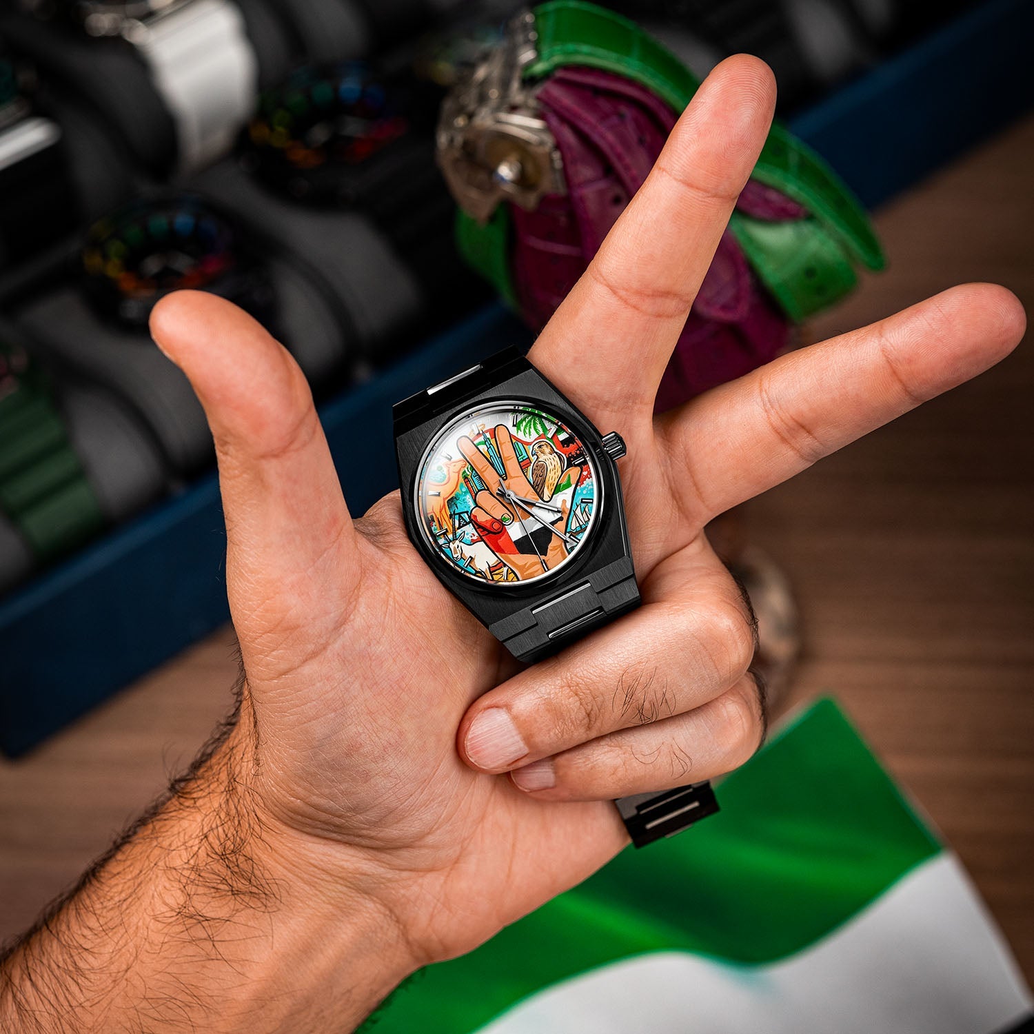 IFL Watches Canvax UAE Unity — Hand-painted custom Canvax featuring the UAE three-finger salute with golden falcon, Arabian oryx, desert camel, and Dubai skyline on a 40mm black matte automatic, a bespoke timepiece by IFL Watches.