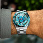Citizen Tsuyosa Shore Mako worn on the wrist — close view of the hand-painted underwater shark scene on a 40mm steel automatic, limited edition timepiece by IFL Watches.