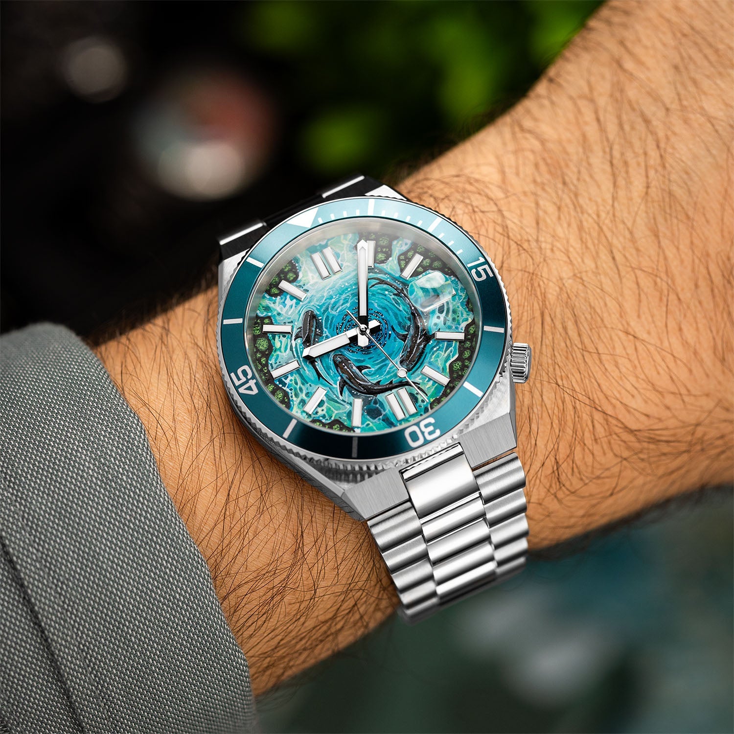 Citizen Tsuyosa Shore Mako on the wrist — angled view of the custom hand-painted shark dial and integrated steel bracelet, limited edition timepiece by IFL Watches.