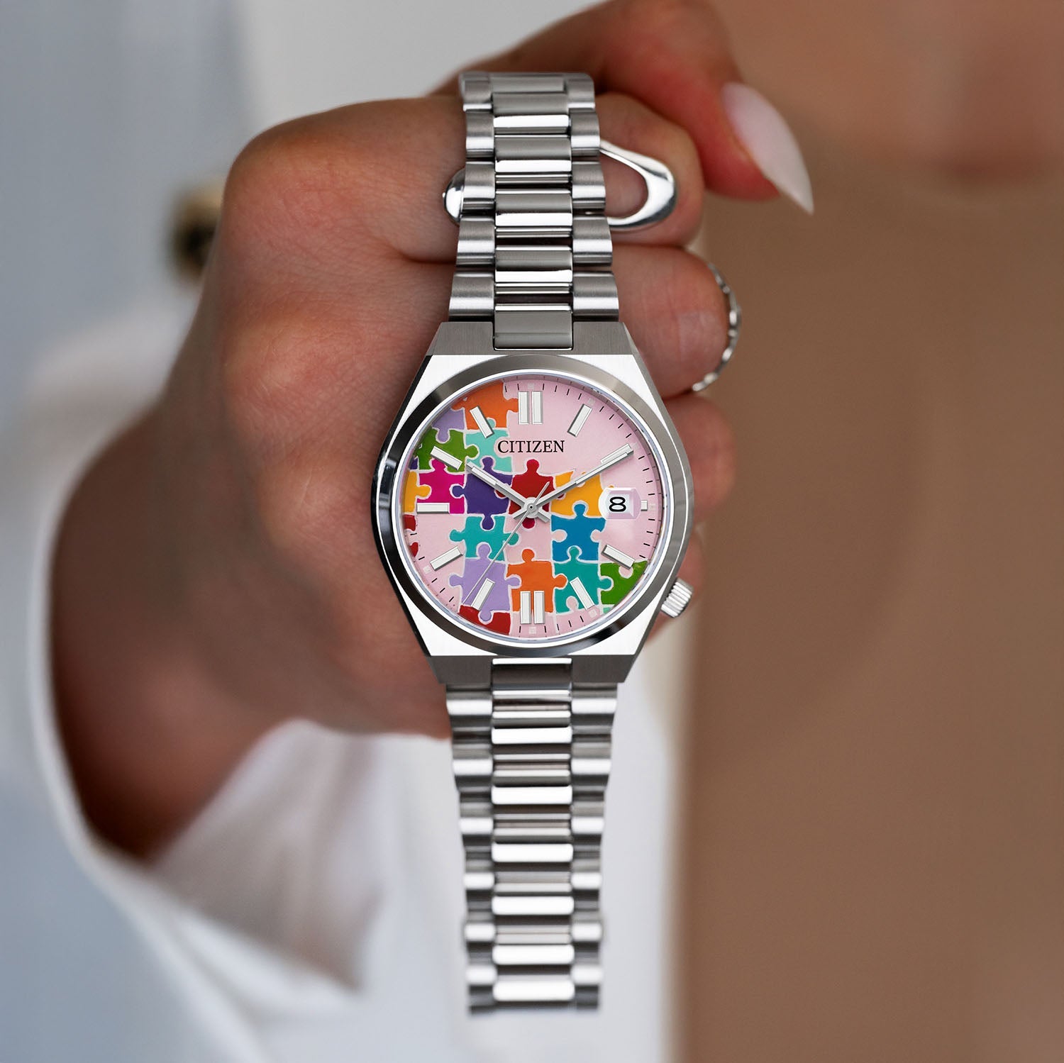 Citizen Tsuyosa 37 Puzzle – Hand-painted custom pastel pink dial with colorful puzzle artwork, limited edition timepiece by IFL Watches