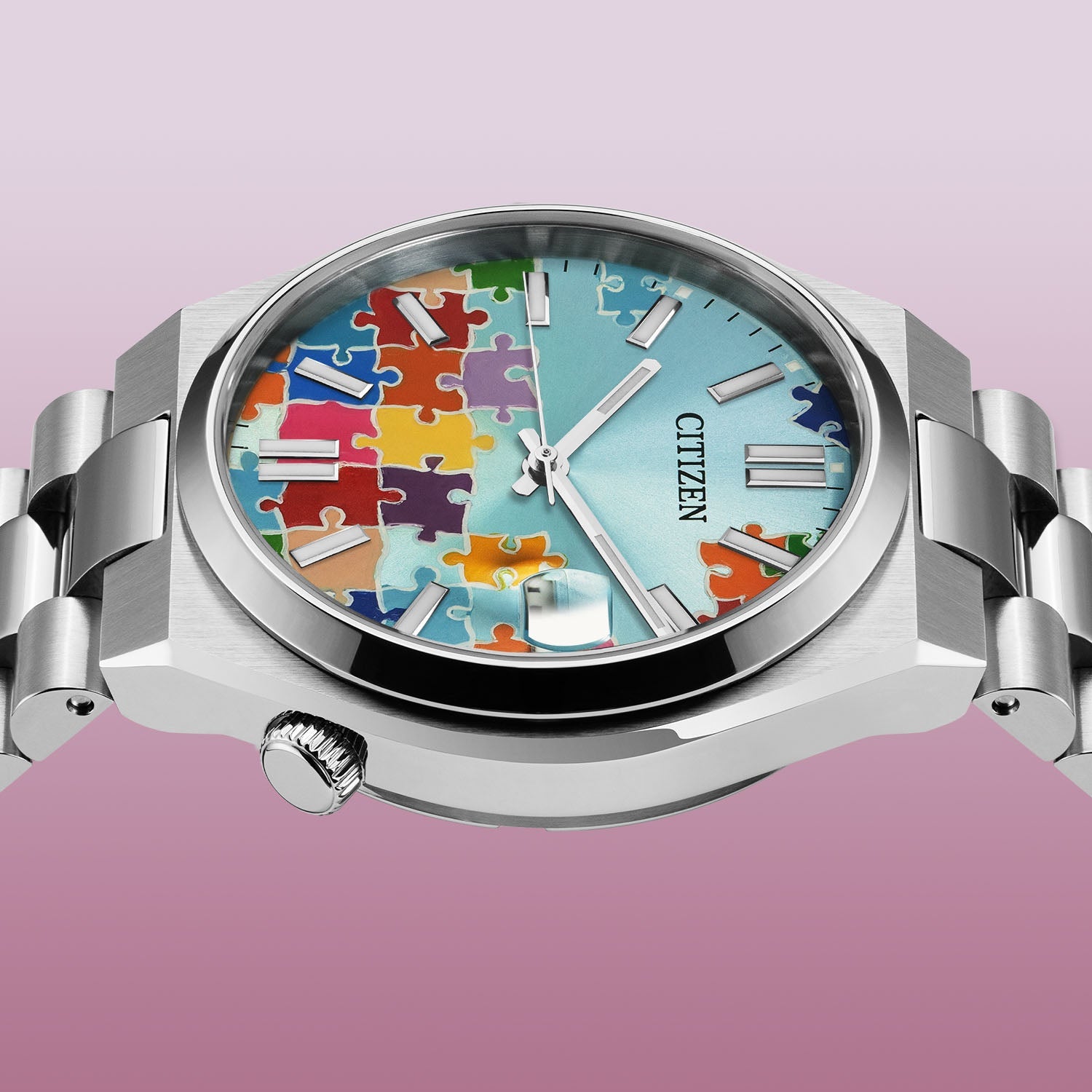 Citizen Tsuyosa 40 Puzzle – Hand-painted custom turquoise blue dial with colorful puzzle artwork, limited edition timepiece by IFL Watches