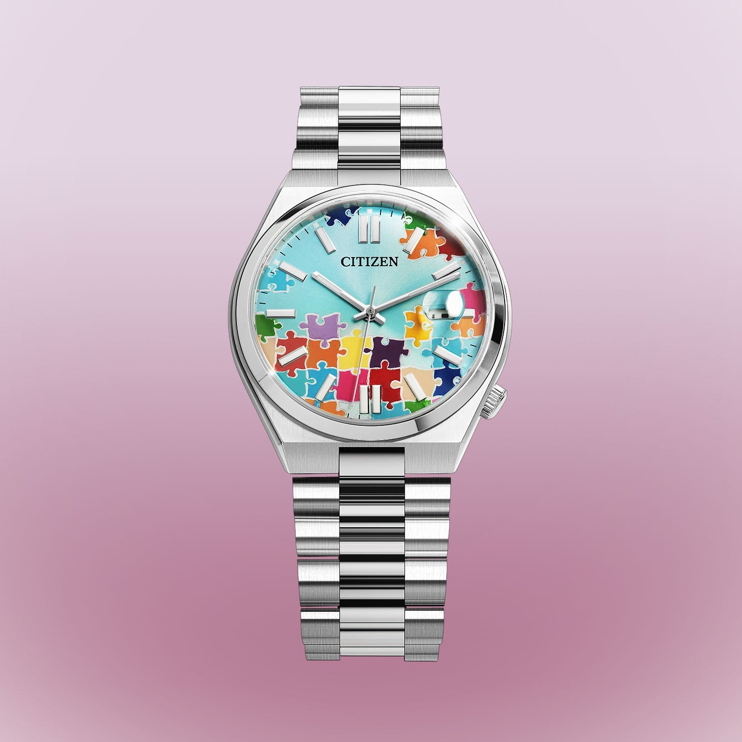 Citizen Tsuyosa 40 Puzzle – Hand-painted custom turquoise blue dial with colorful puzzle artwork, limited edition timepiece by IFL Watches