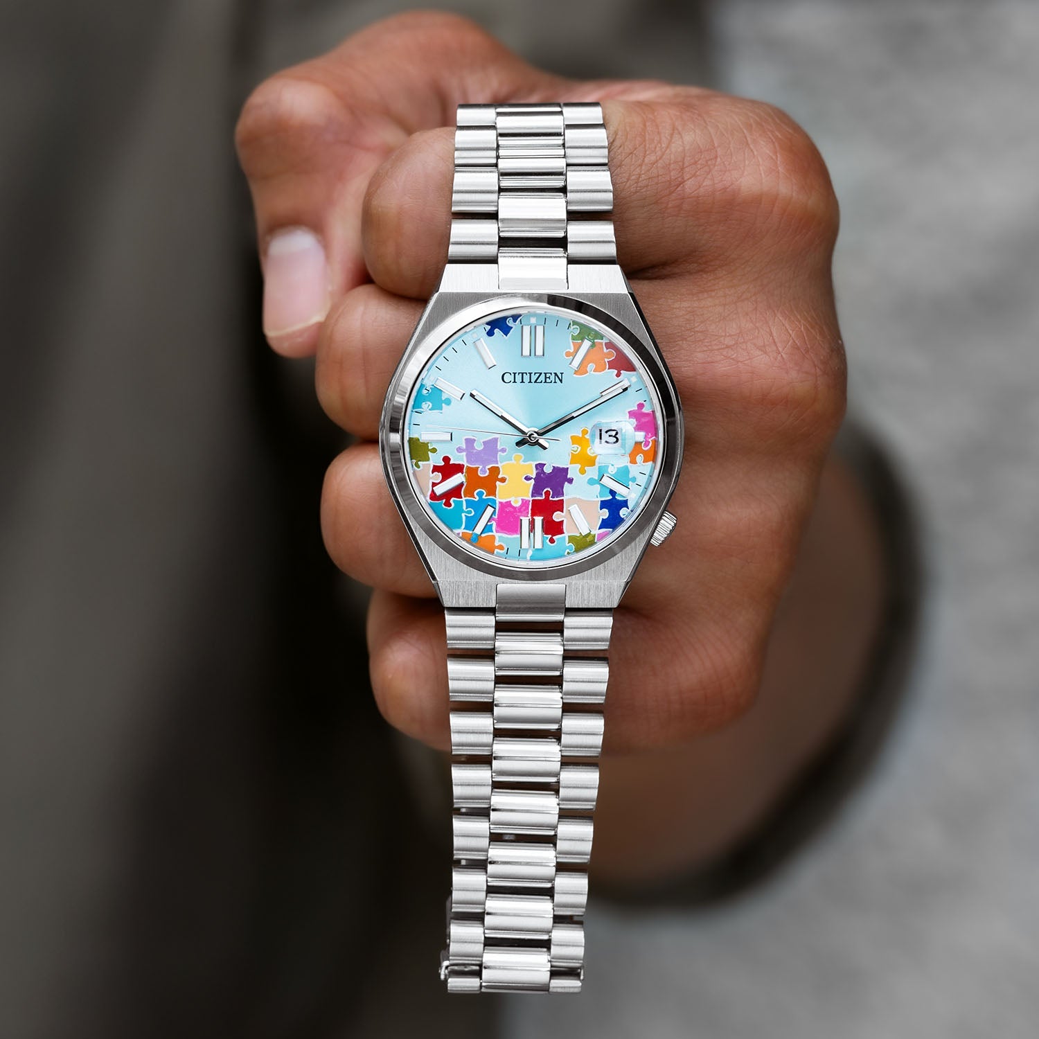 Citizen Tsuyosa 40 Puzzle – Hand-painted custom turquoise blue dial with colorful puzzle artwork, limited edition timepiece by IFL Watches